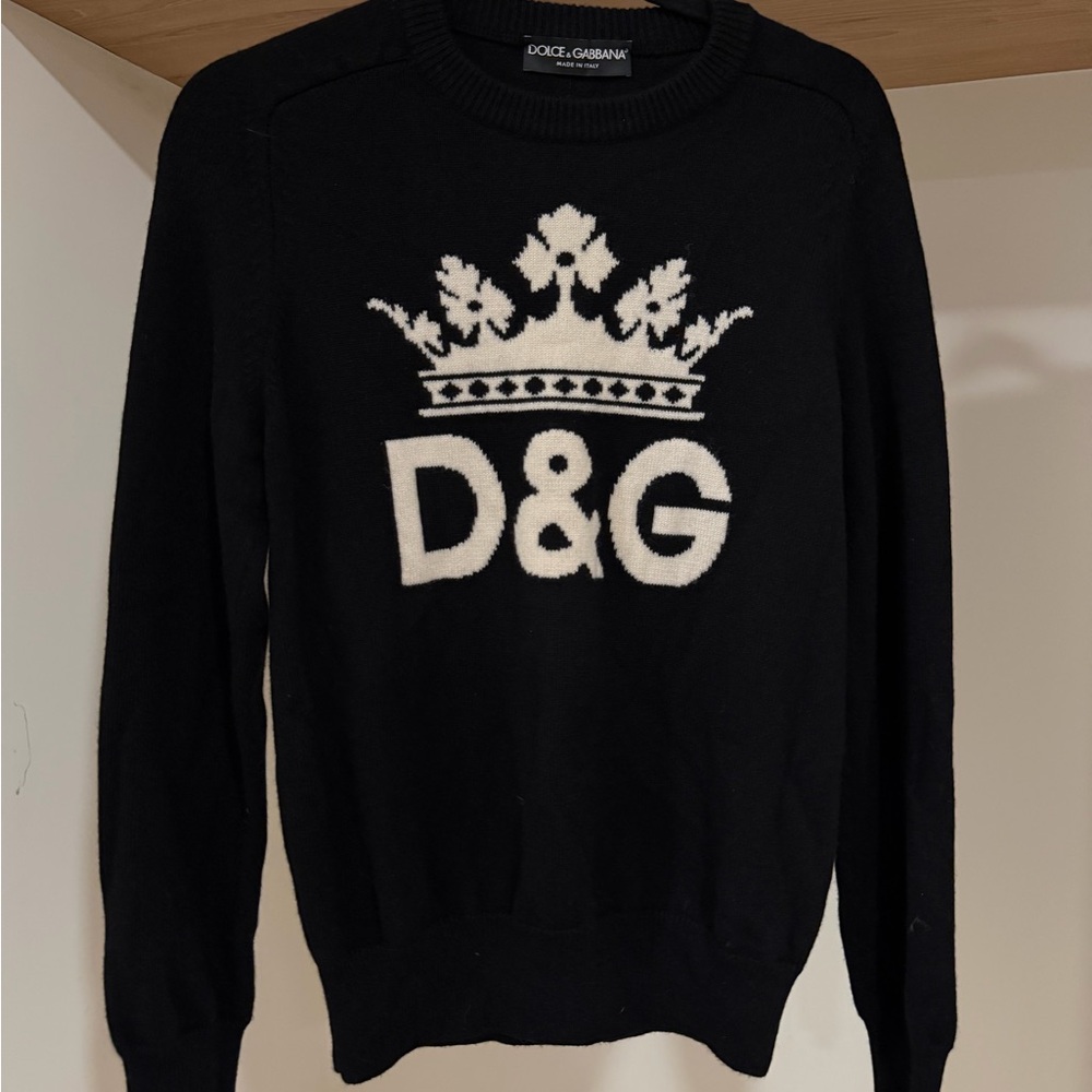 Dolce & Gabbana Black Crewneck Sweater with White Crown Logo